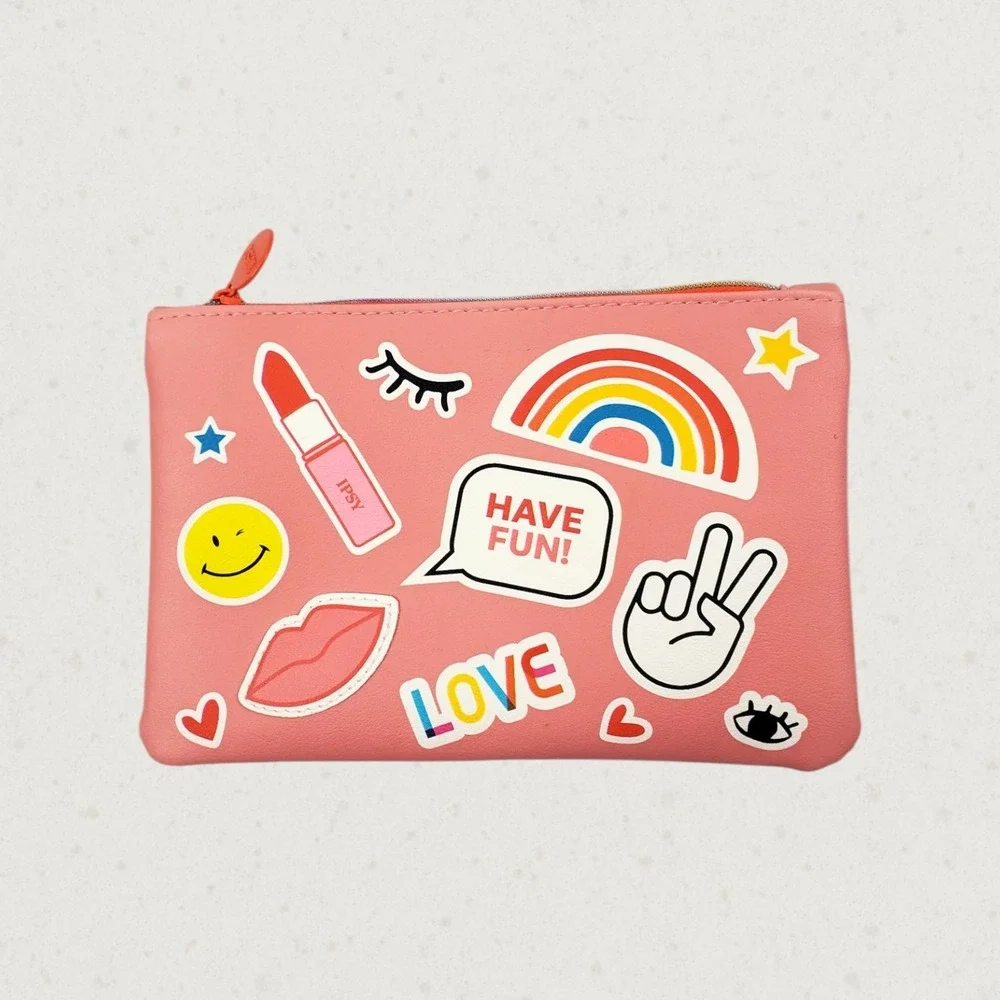 Ipsy Pink Pop Art Sticker Print Makeup Bag Cosmetic Pouch Pink Orange Zipper